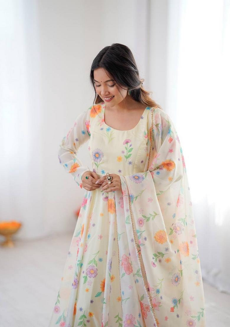 Lemon Printed Silk Anarkali Set - Indya