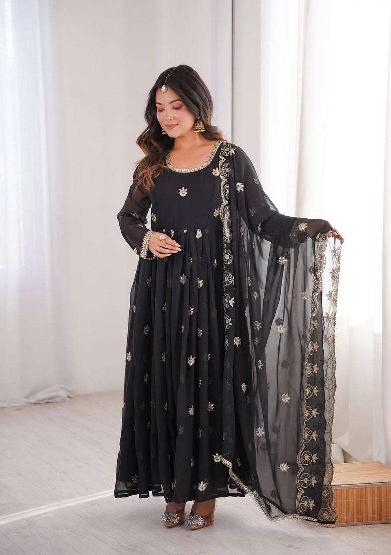 Black Embroidered Georgette Anarkali Set - Indya