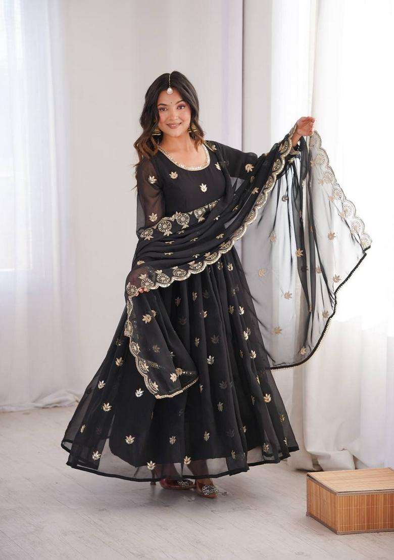Black Embroidered Georgette Anarkali Set - Indya