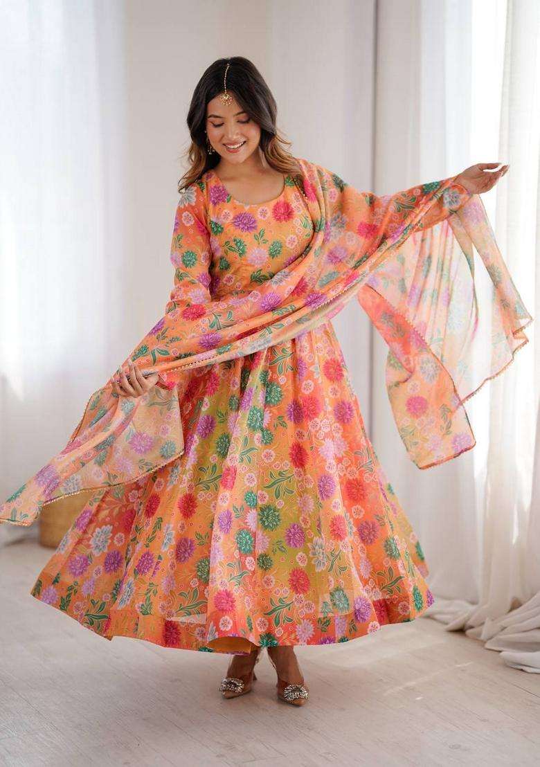 Orange Floral Print Silk Blend Anarkali Set - Indya