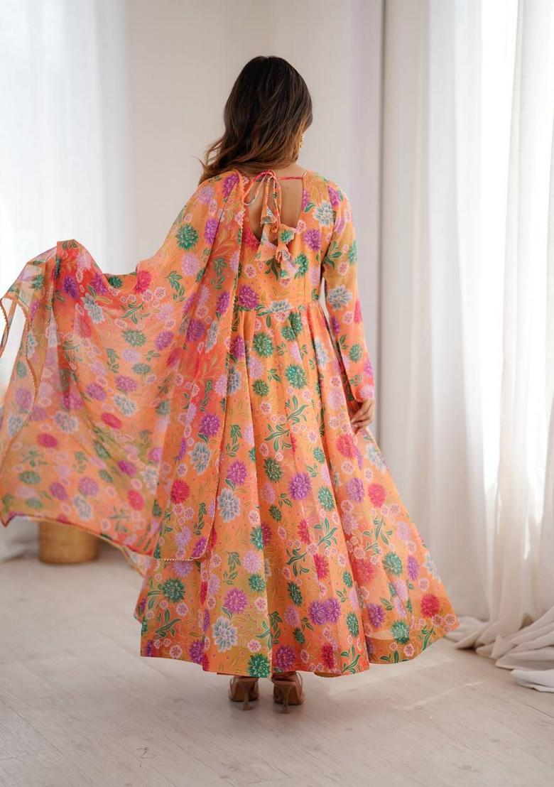 Orange Printed Silk Anarkali Set - Indya