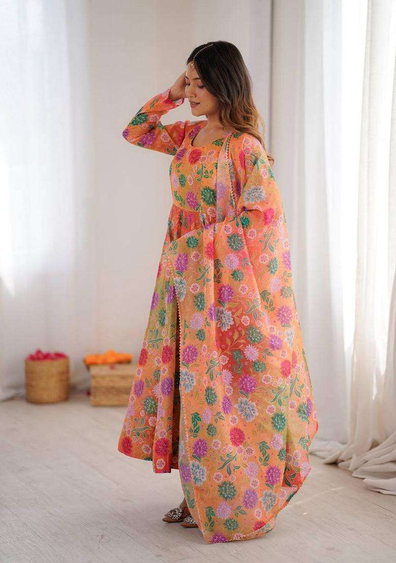Orange Floral Print Silk Blend Anarkali Set - Indya