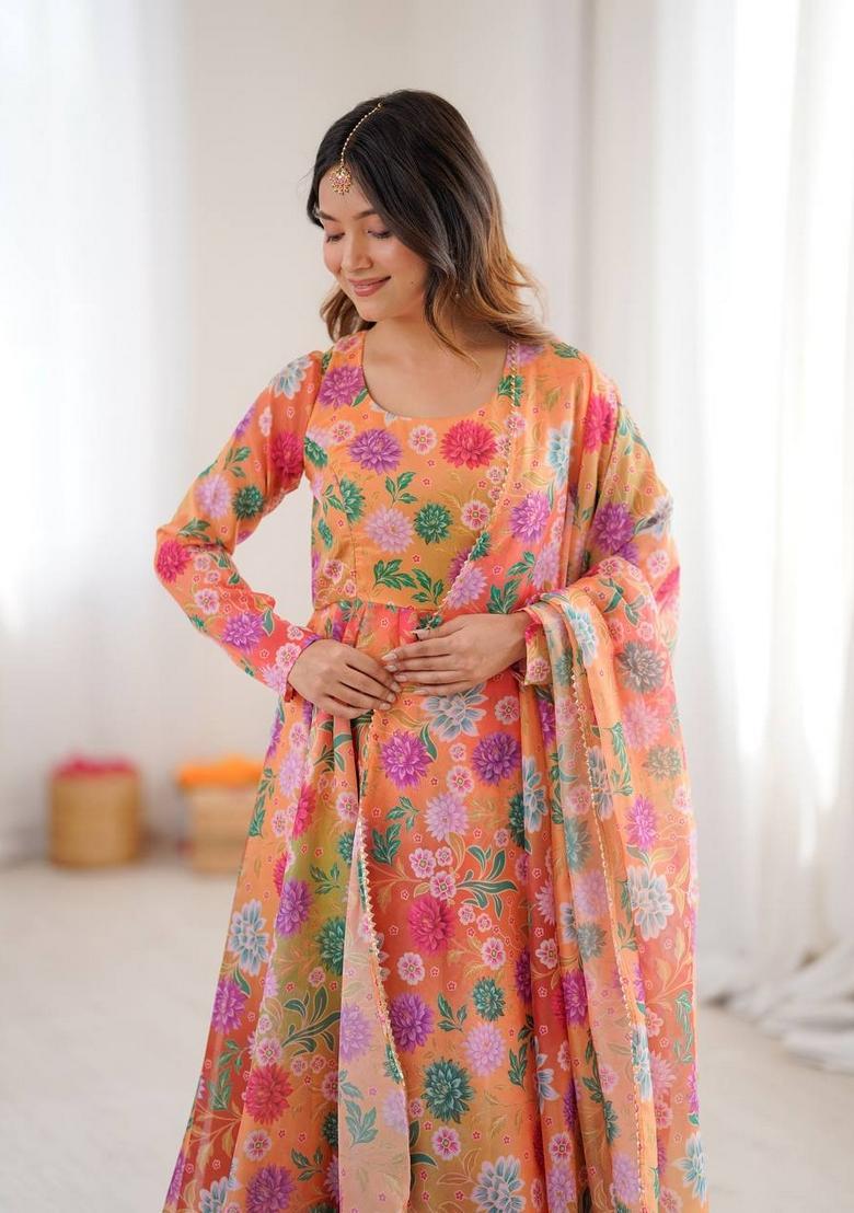 Orange Printed Silk Anarkali Set - Indya