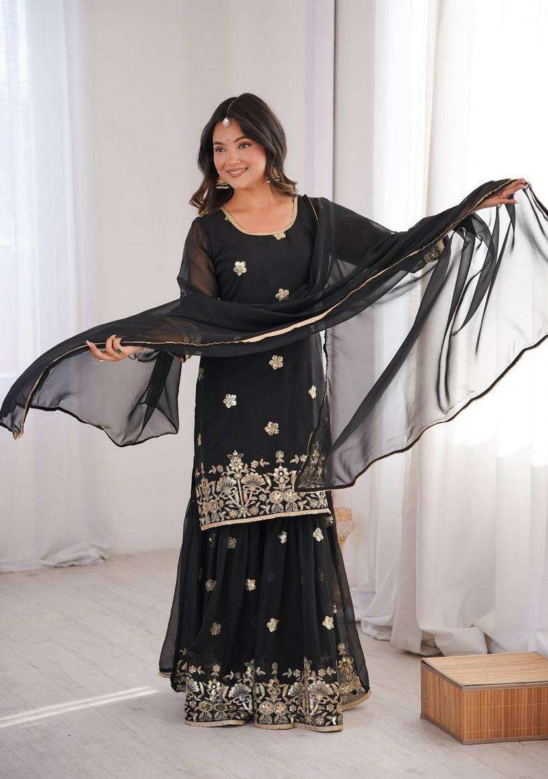 Black Embroidered Georgette Sharara Set - Indya
