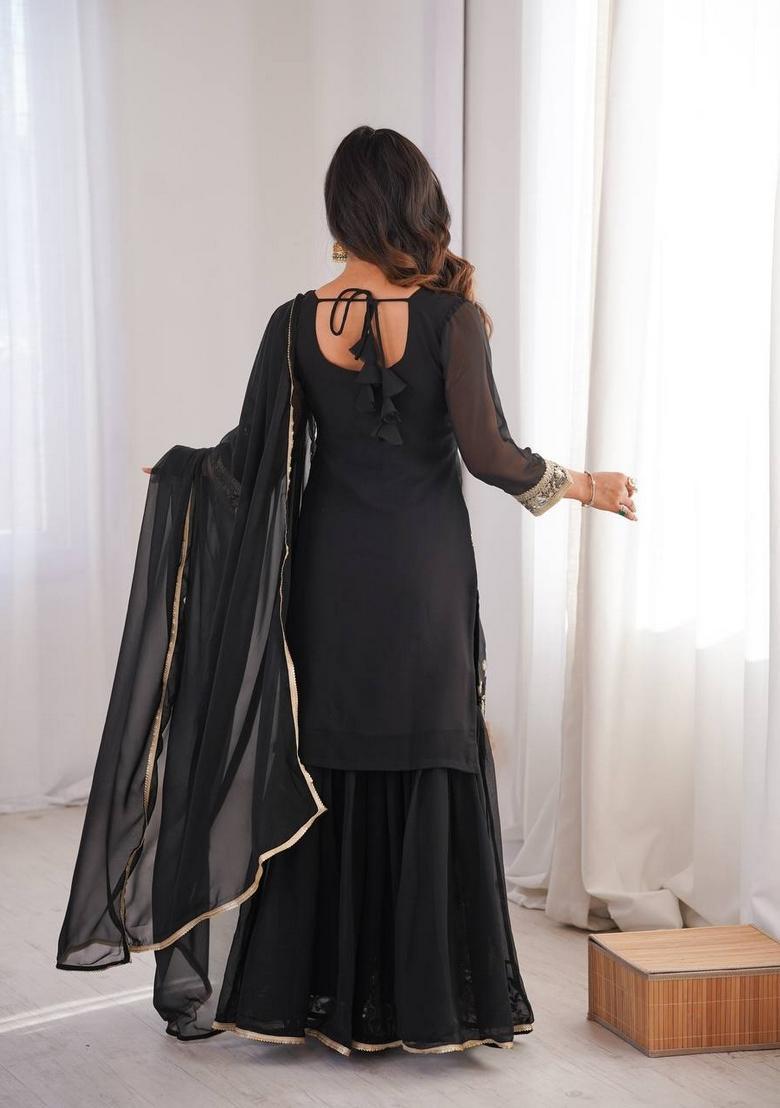 Black Embroidery Georgette Sharara Set - Indya