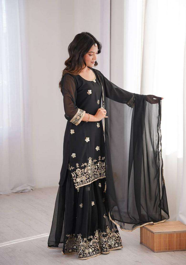 Black Embroidered Georgette Sharara Set - Indya