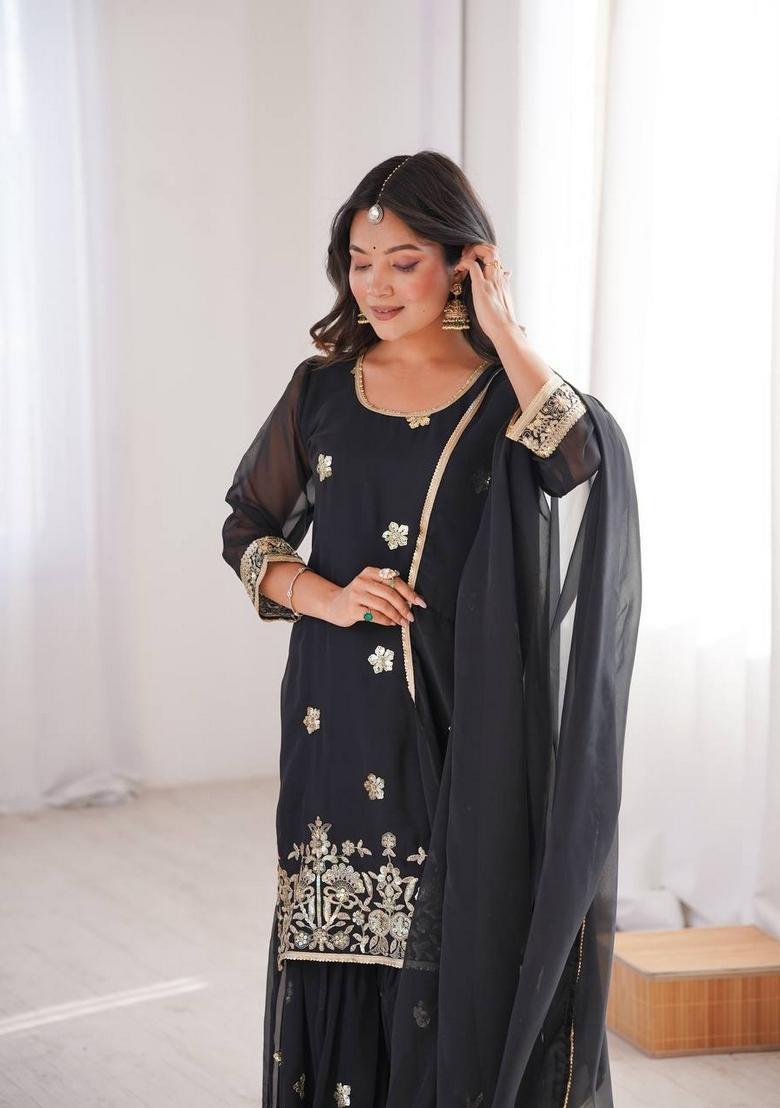 Black Embroidery Georgette Sharara Set - Indya