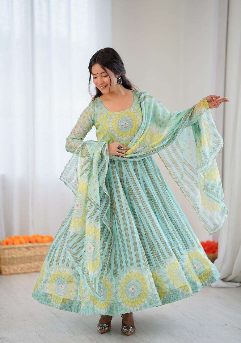 Pista Printed Silk Blend Anarkali Set - Indya