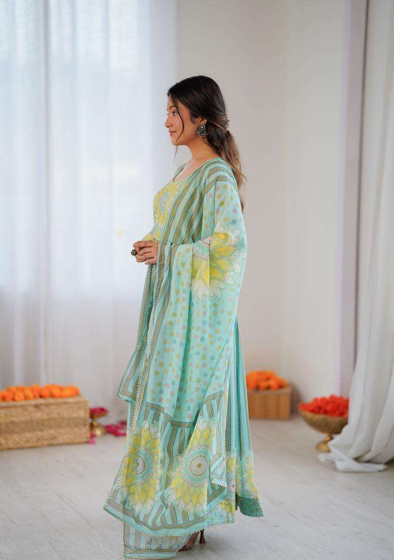 Pista Printed Silk Blend Anarkali Set - Indya