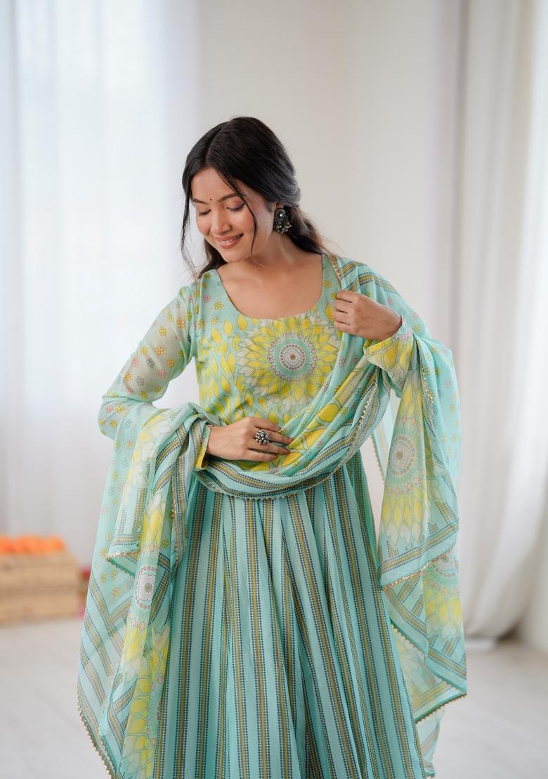 Pista Printed Silk Anarkali Set - Indya