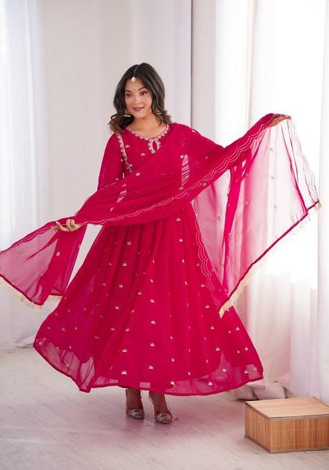 Pink Embroidery Georgette Anarkali Set