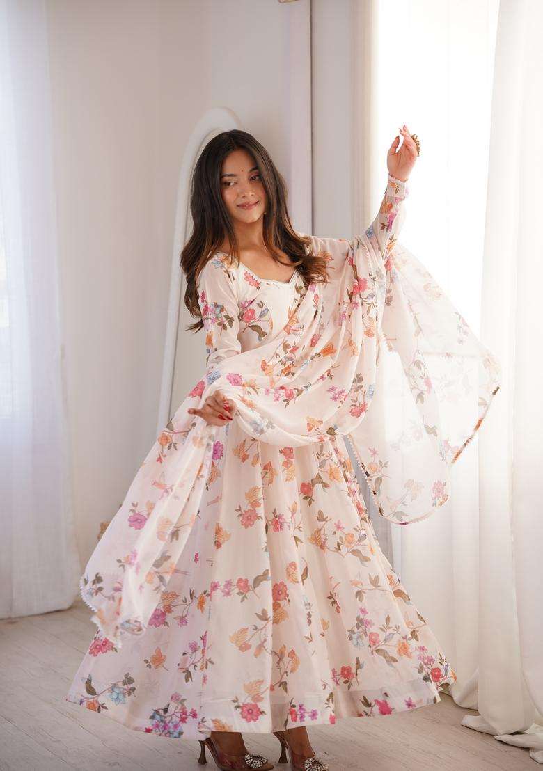 White Floral Print Georgette Anarkali Set - Indya