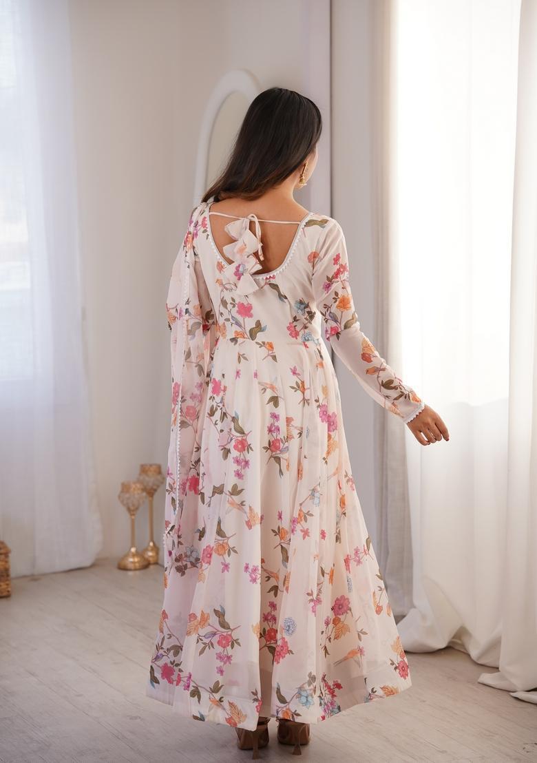 White Printed Georgette Anarkali Set - Indya