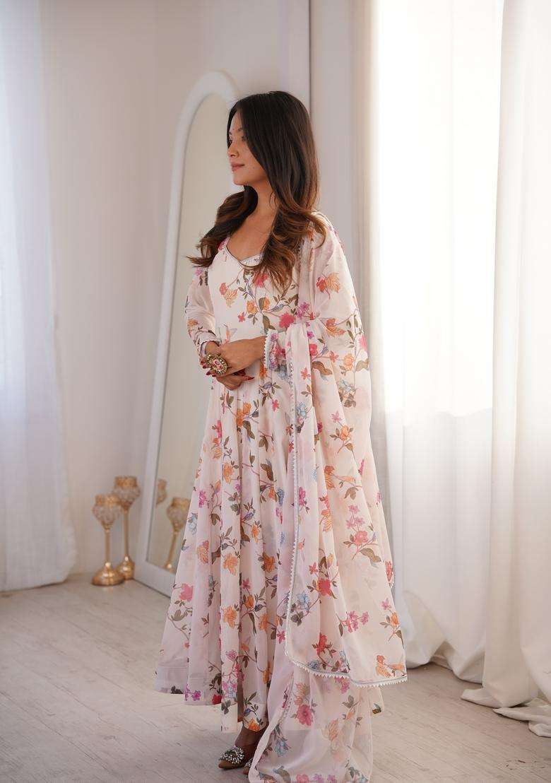 White Floral Print Georgette Anarkali Set - Indya