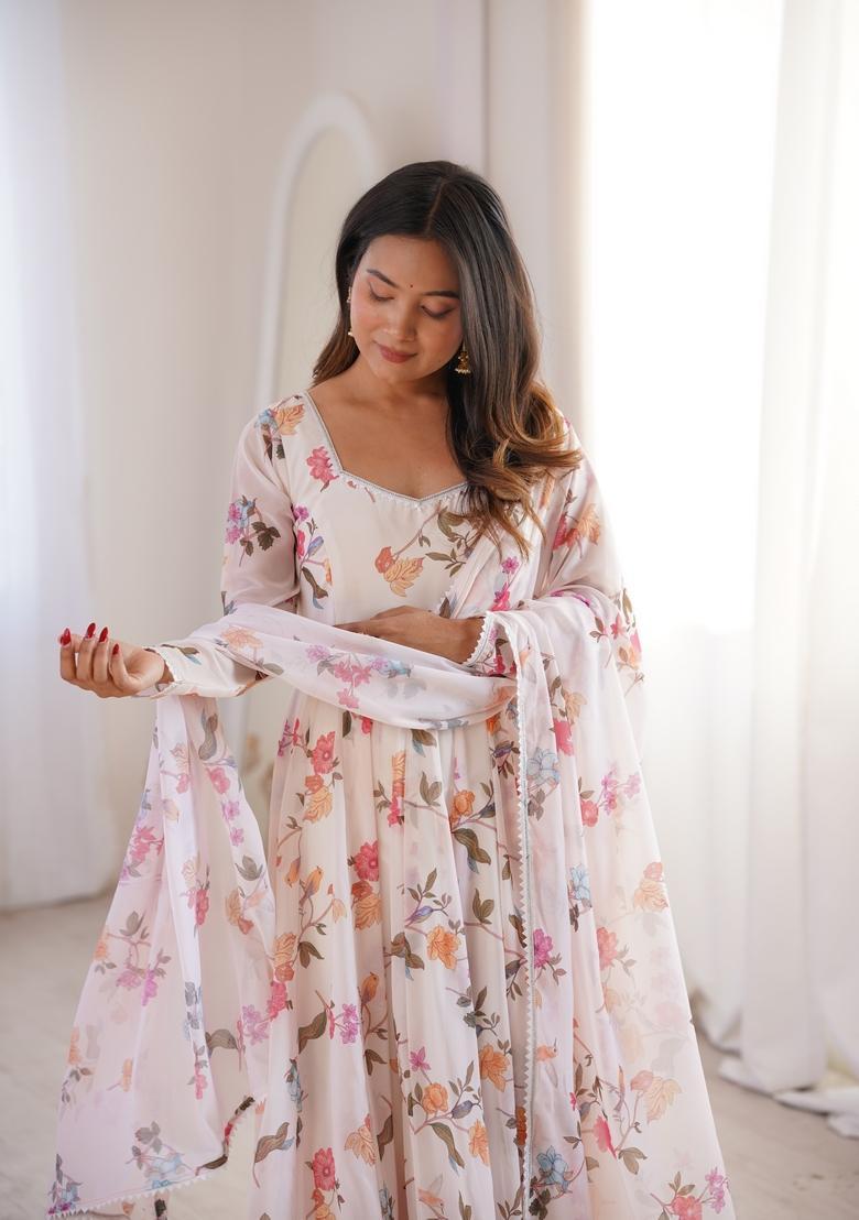 White Printed Georgette Anarkali Set - Indya