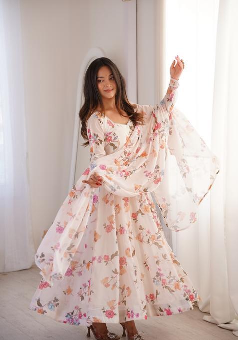 White Printed Georgette Kurta Set