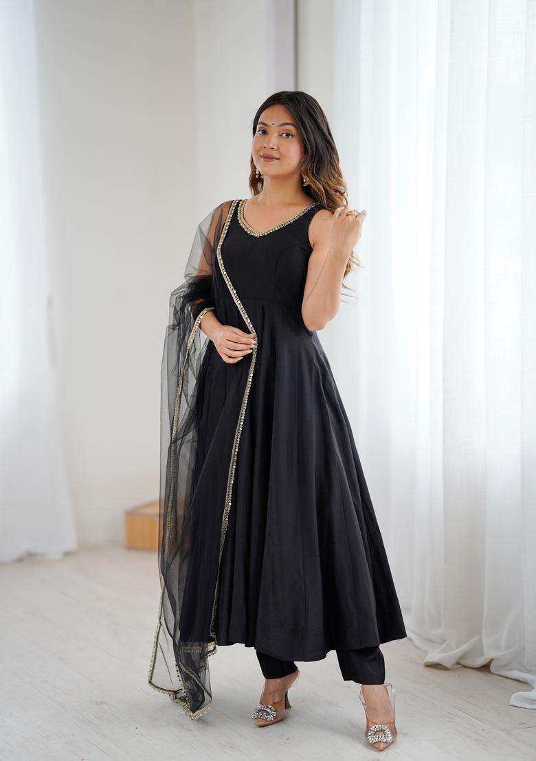 Black Solid Silk Blend Anarkali Set - Indya