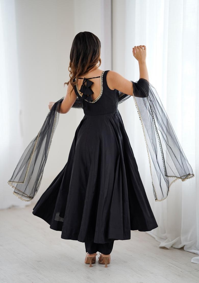 Black Lace Work Silk Anarkali Set - Indya