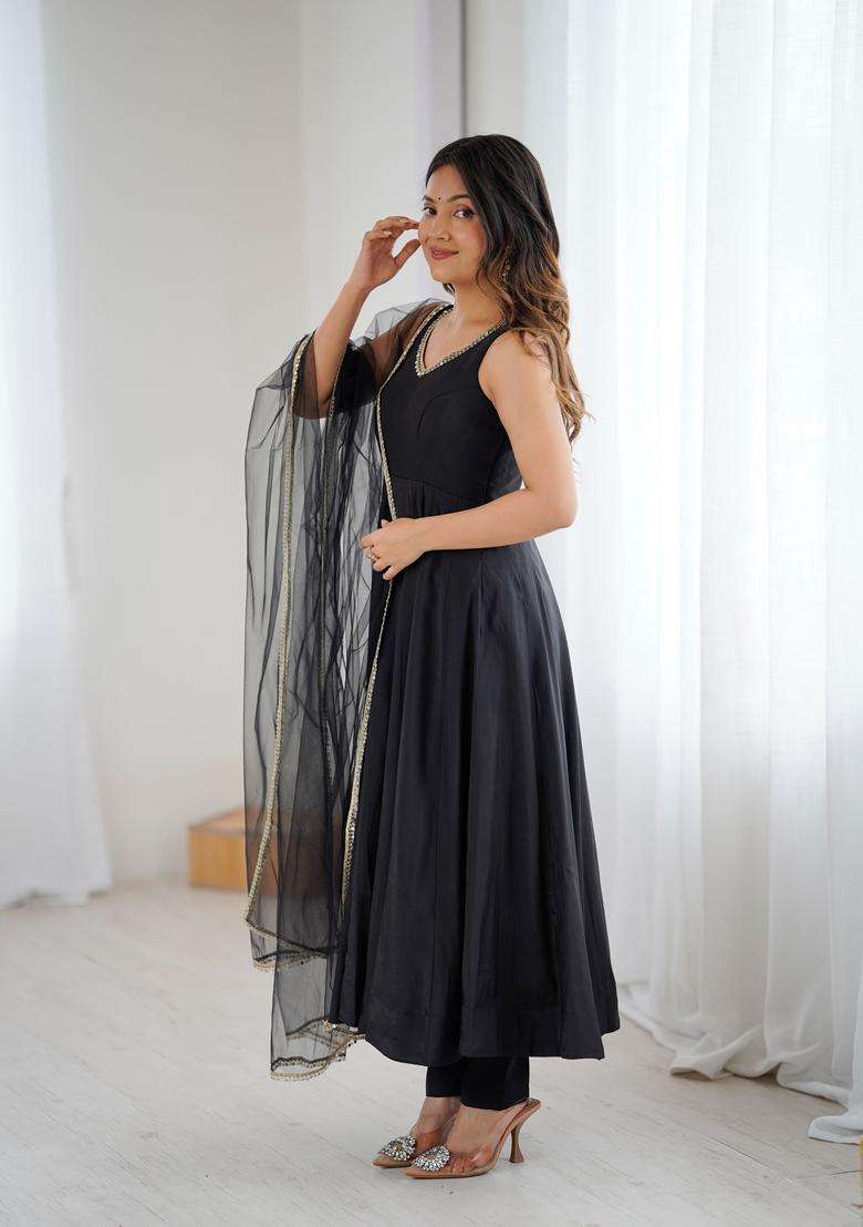 Black Solid Silk Blend Anarkali Set - Indya