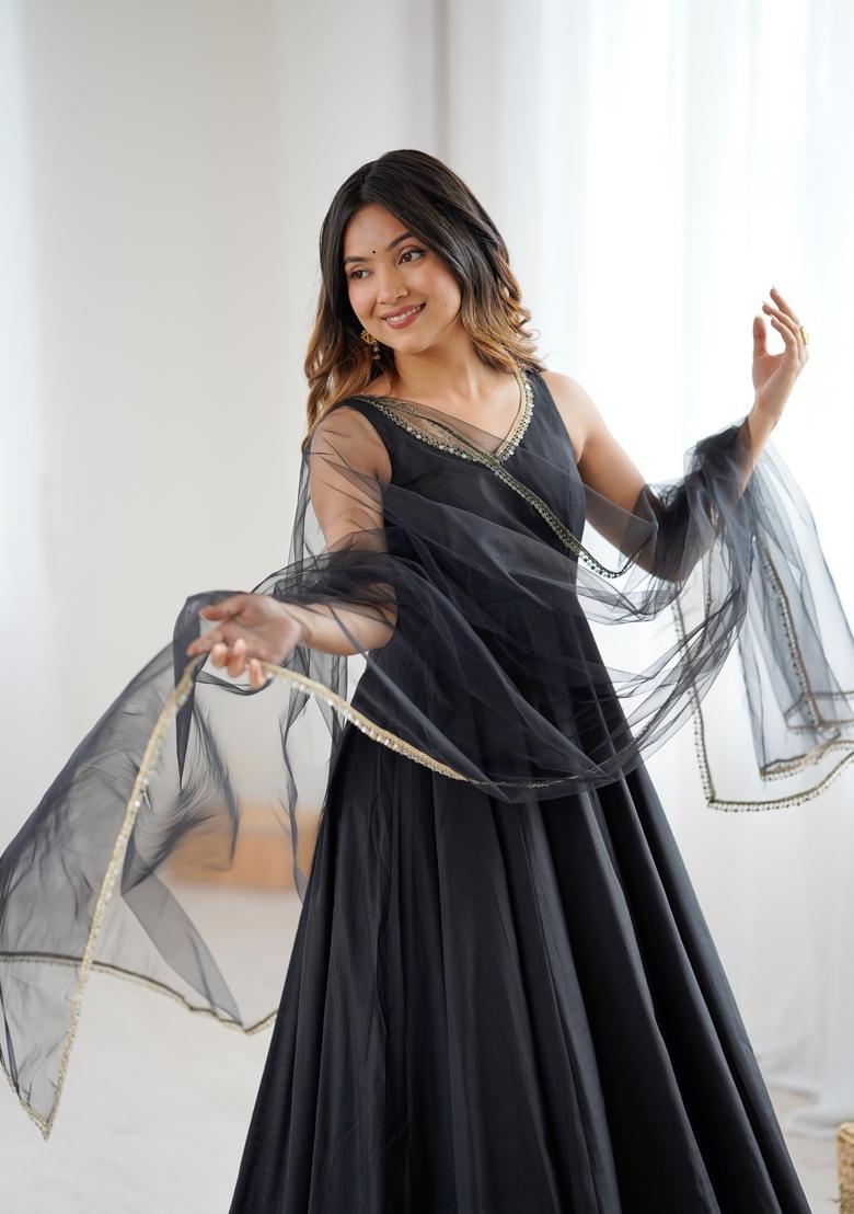 Black Lace Work Silk Anarkali Set - Indya