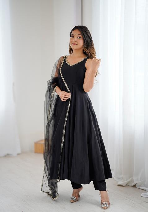 Black Lace Work Silk Anarkali Set