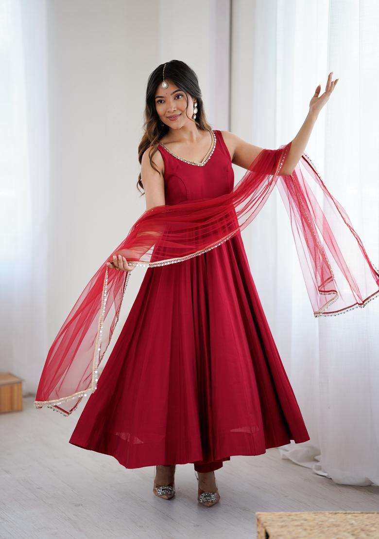 Maroon Solid Silk Blend Anarkali Set - Indya