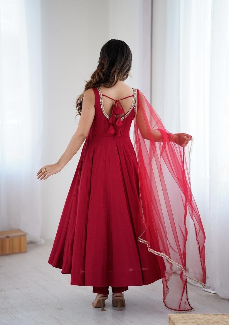 Maroon Lace Work Silk Anarkali Set - Indya