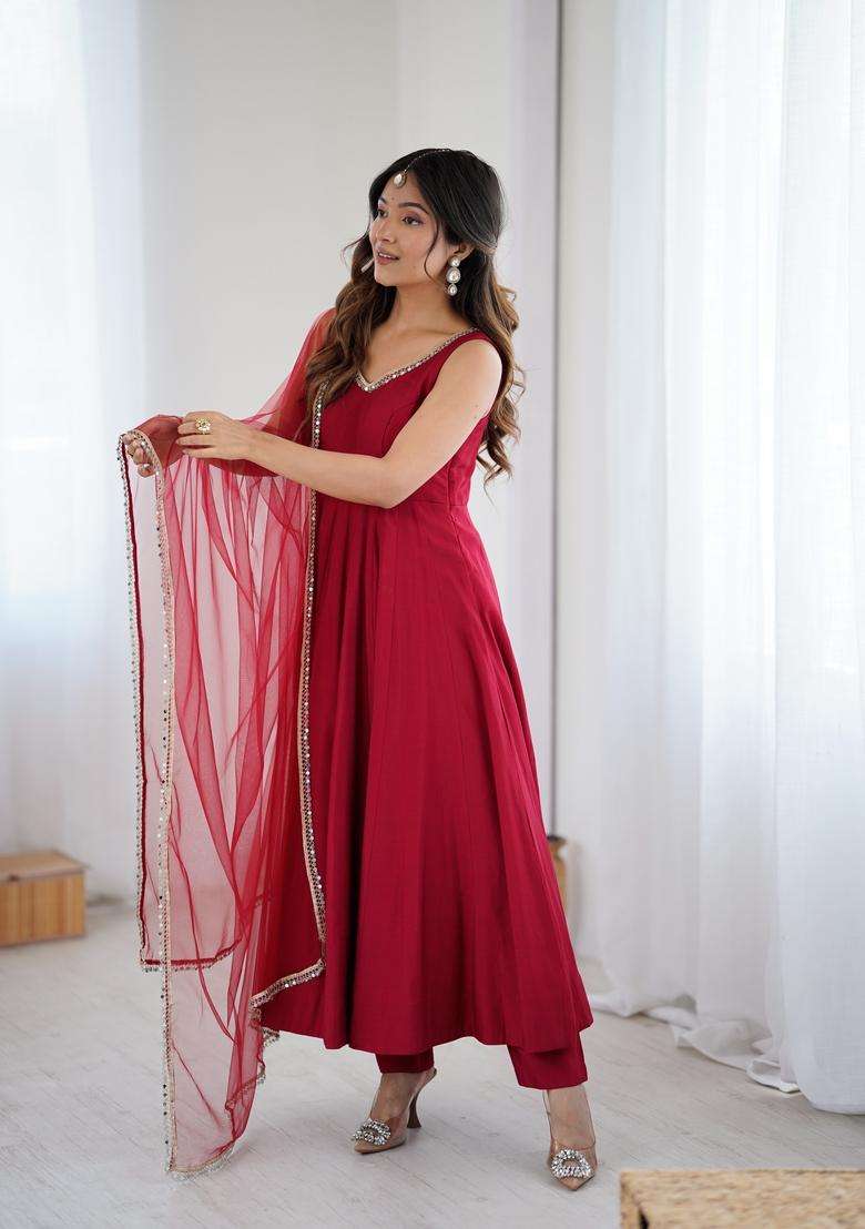 Maroon Solid Silk Blend Anarkali Set - Indya
