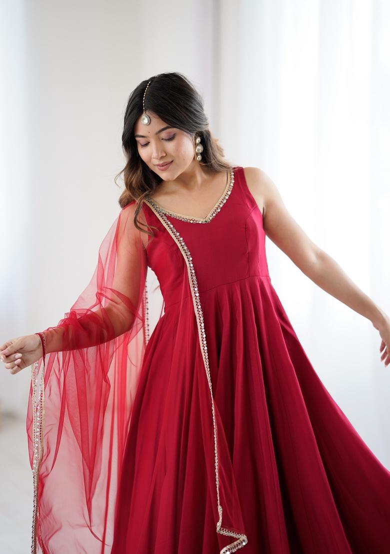 Maroon Lace Work Silk Anarkali Set - Indya