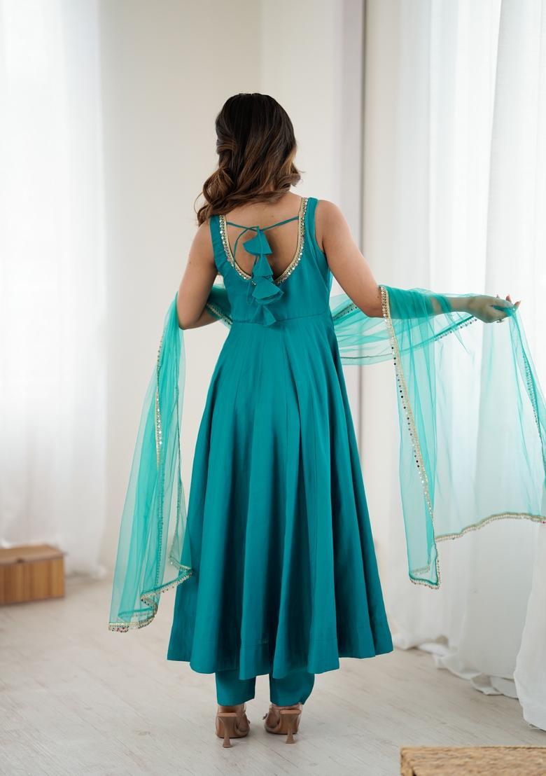 Rama Lace Work Silk Anarkali Set - Indya