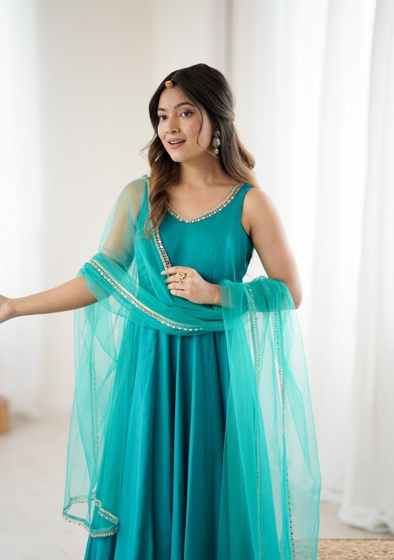 Rama Lace Work Silk Anarkali Set - Indya