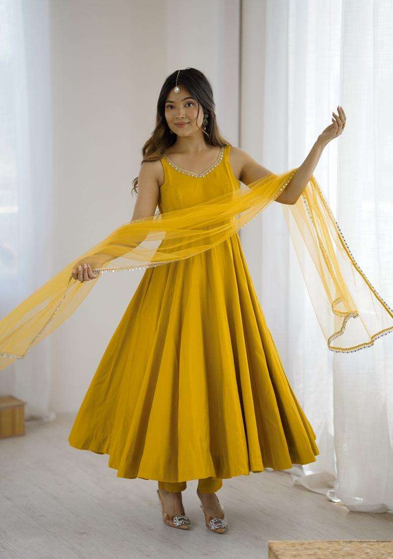 Yellow Solid Silk Blend Anarkali Set - Indya