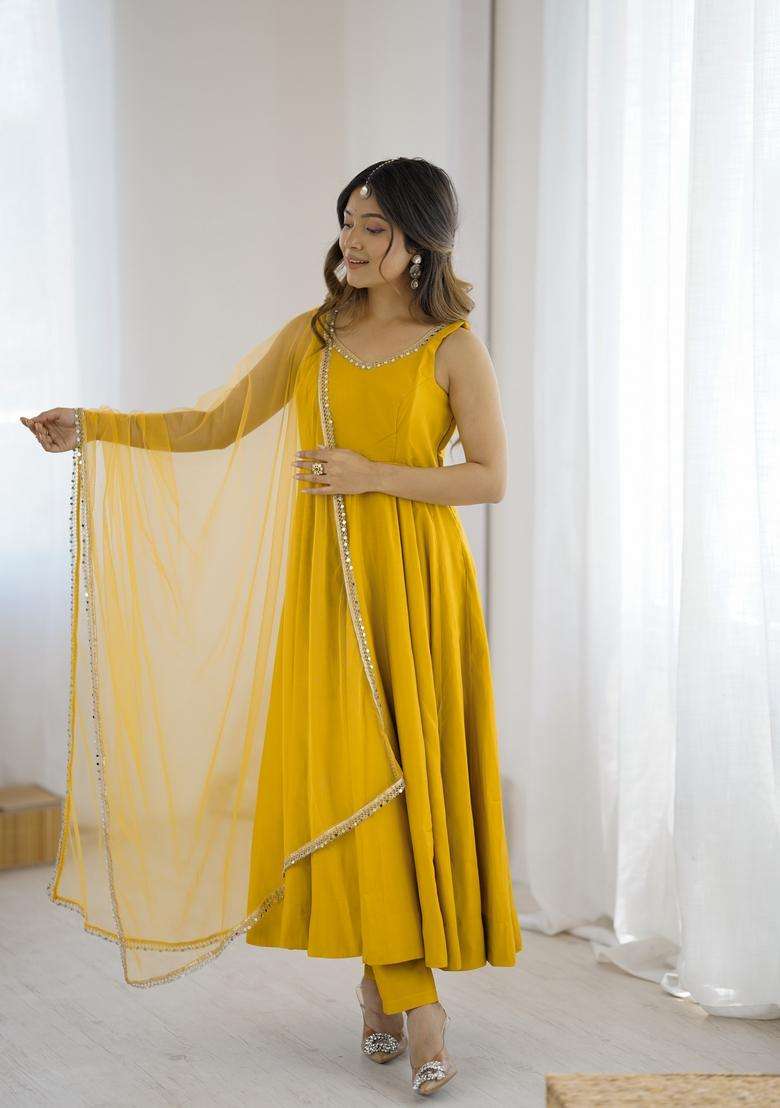 Yellow Solid Silk Blend Anarkali Set - Indya