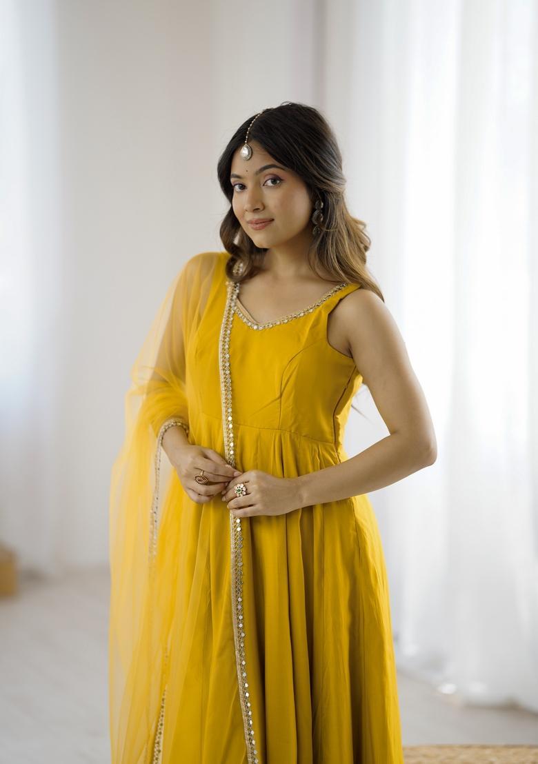 Yellow Lace Work Silk Anarkali Set - Indya