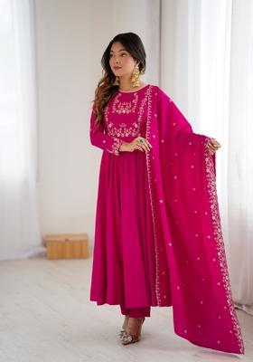 Pink Embroidery Silk Anarkali Set