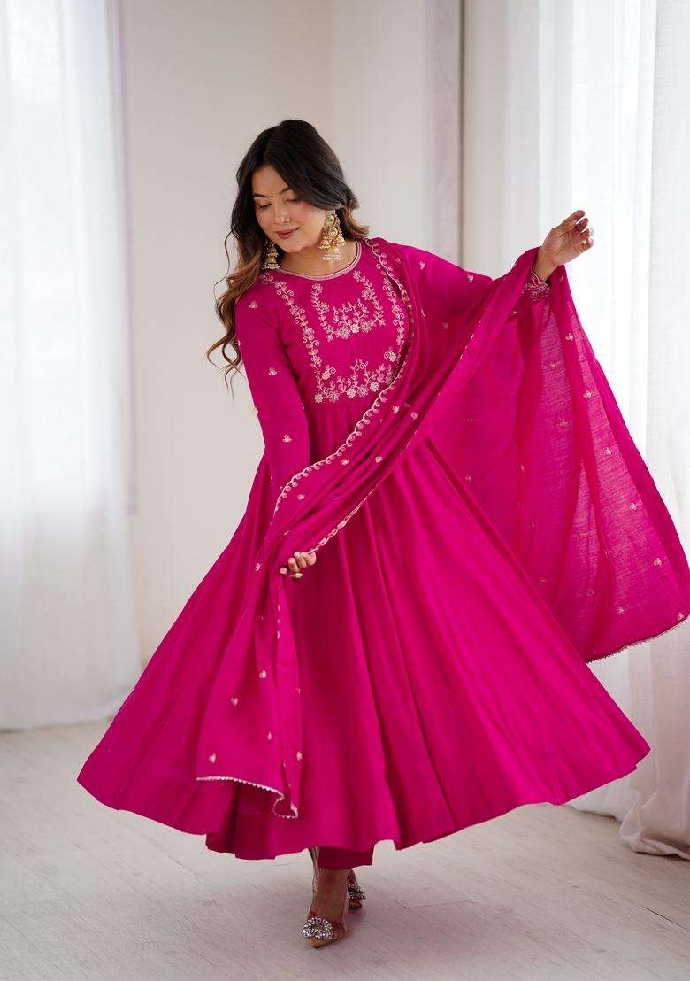 Pink Embroidered Silk Blend Anarkali Set - Indya