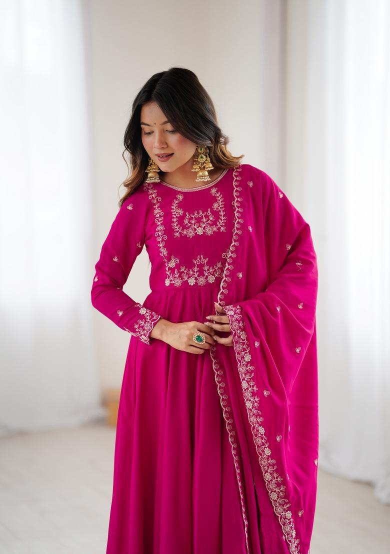 Pink Embroidery Silk Anarkali Set - Indya
