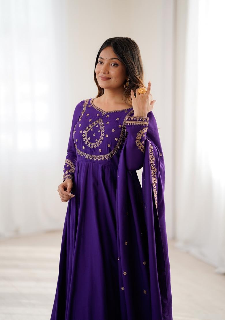 Violet Embroidery Silk Anarkali Set - Indya