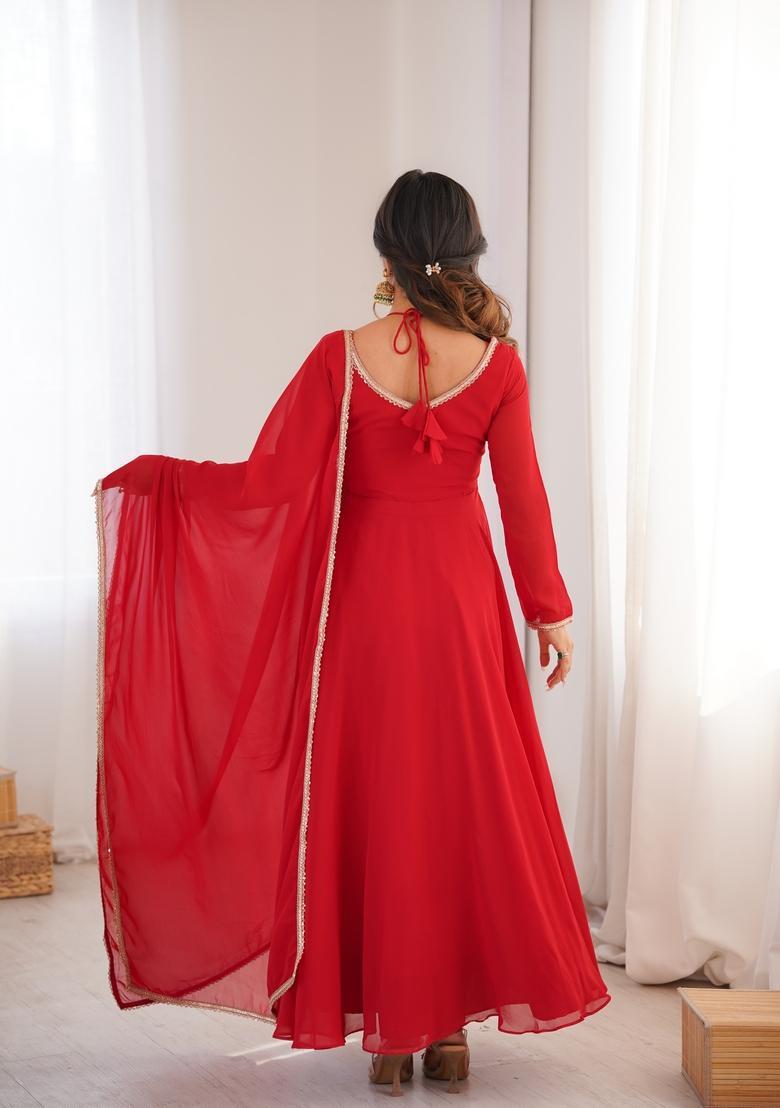 Red Lace Work Georgette Anarkali Set - Indya