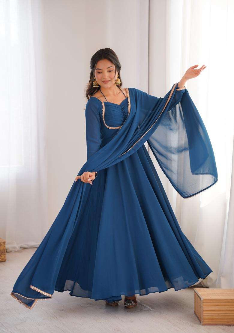 Teal Solid Georgette Anarkali Set - Indya