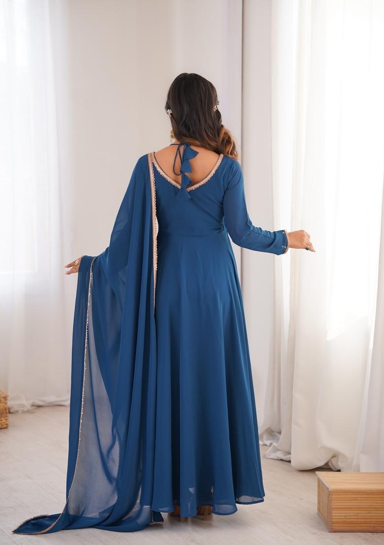 Teal Lace Work Georgette Anarkali Set - Indya