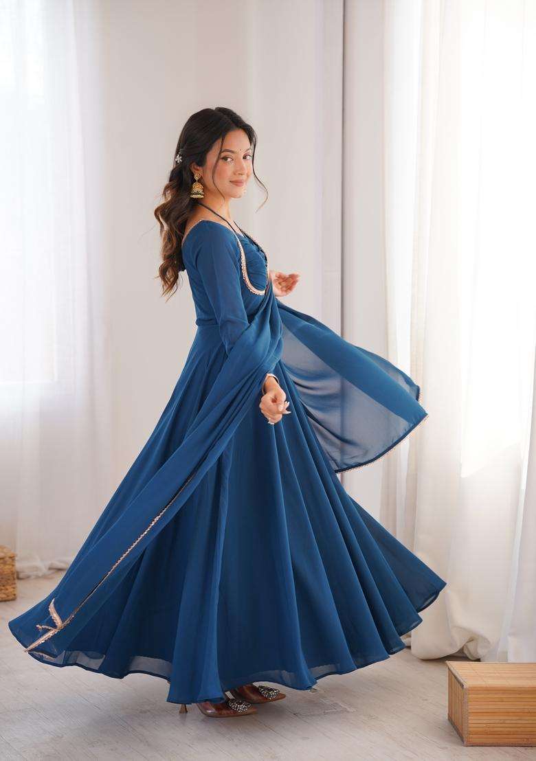 Teal Solid Georgette Anarkali Set - Indya
