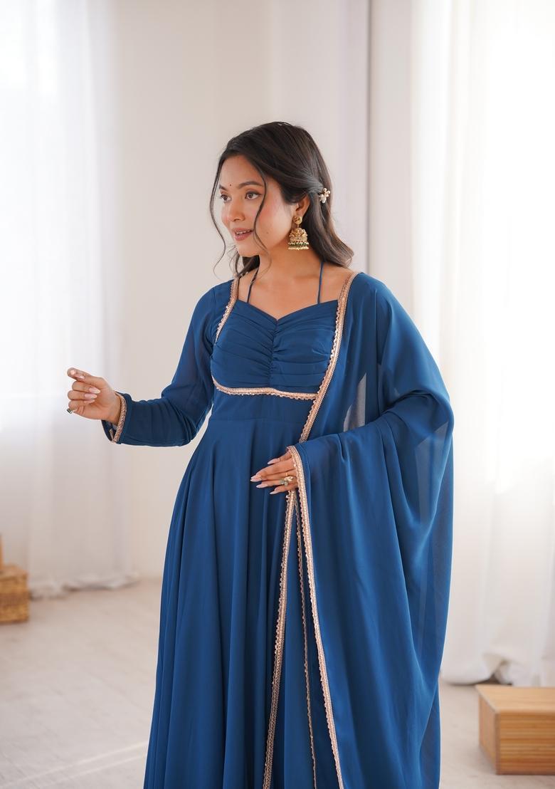 Teal Lace Work Georgette Anarkali Set - Indya