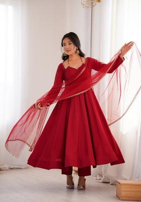 Maroon Lace Work Silk Anarkali Set