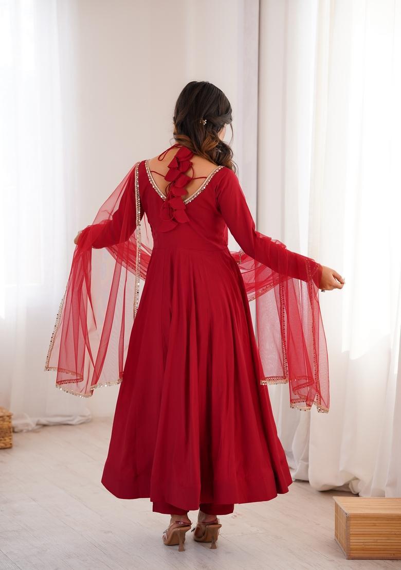 Maroon Lace Work Silk Anarkali Set - Indya