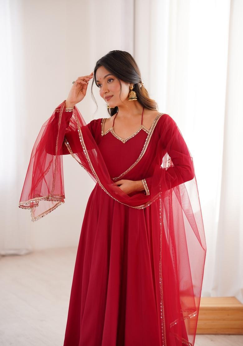 Maroon Lace Work Silk Anarkali Set - Indya