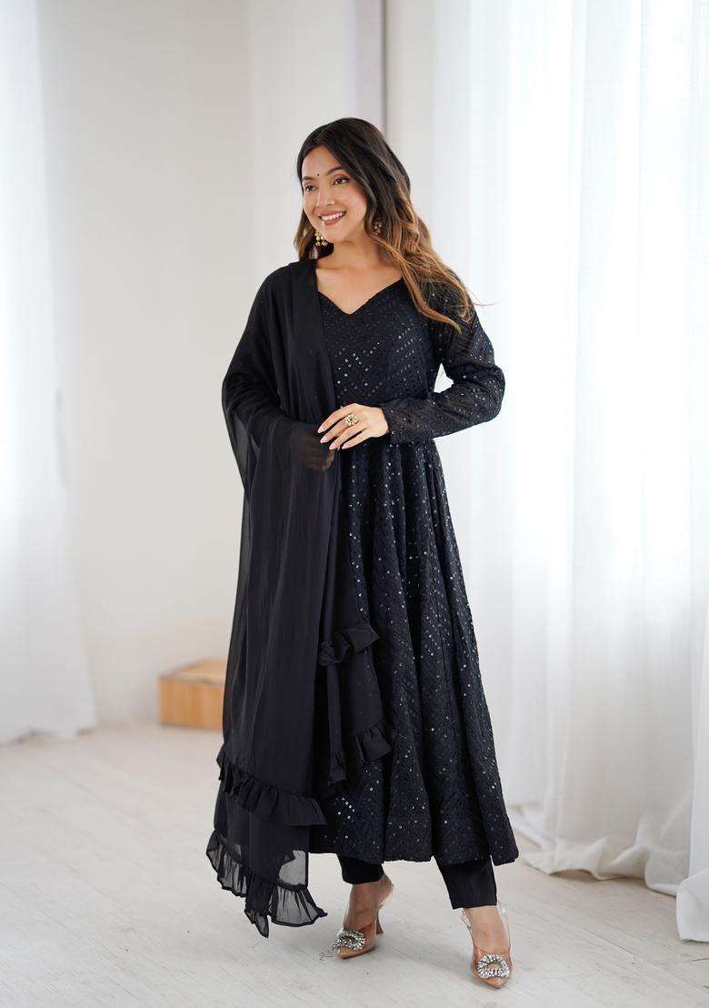 Black Sequin Work Georgette Anarkali Set - Indya
