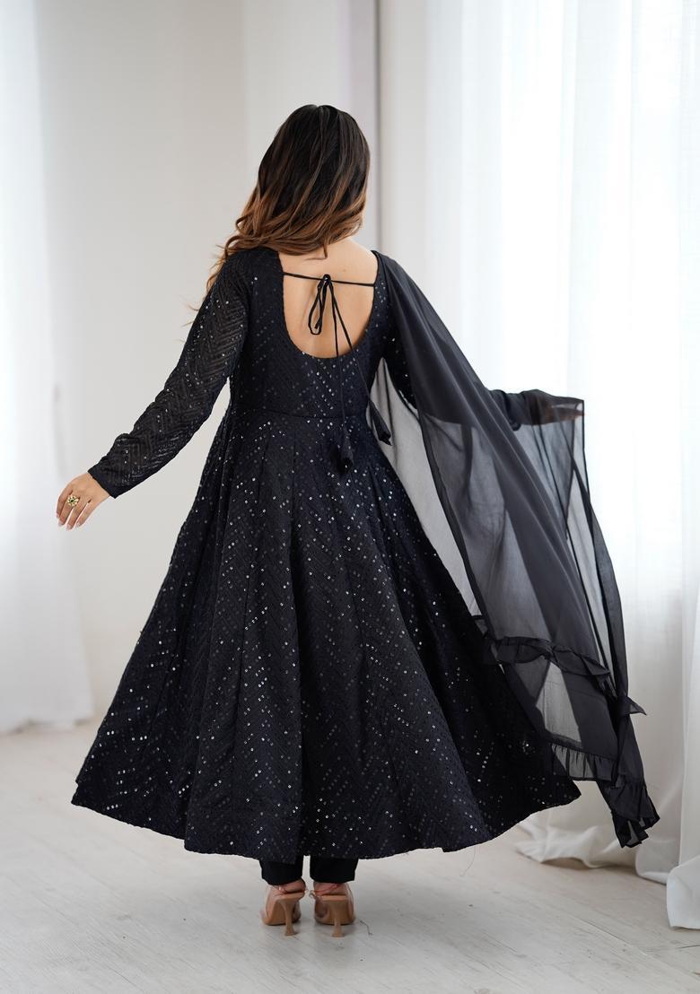 Black Sequins Georgette Anarkali Set - Indya