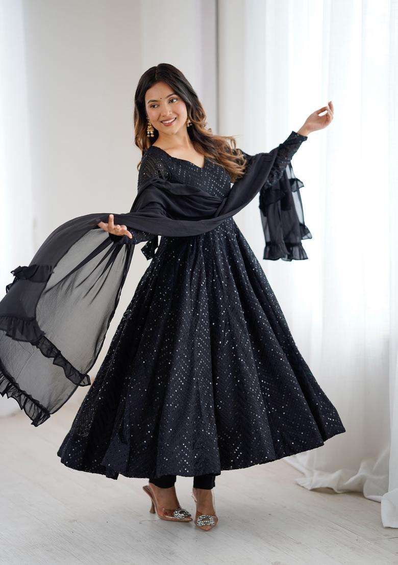 Black Sequin Work Georgette Anarkali Set - Indya