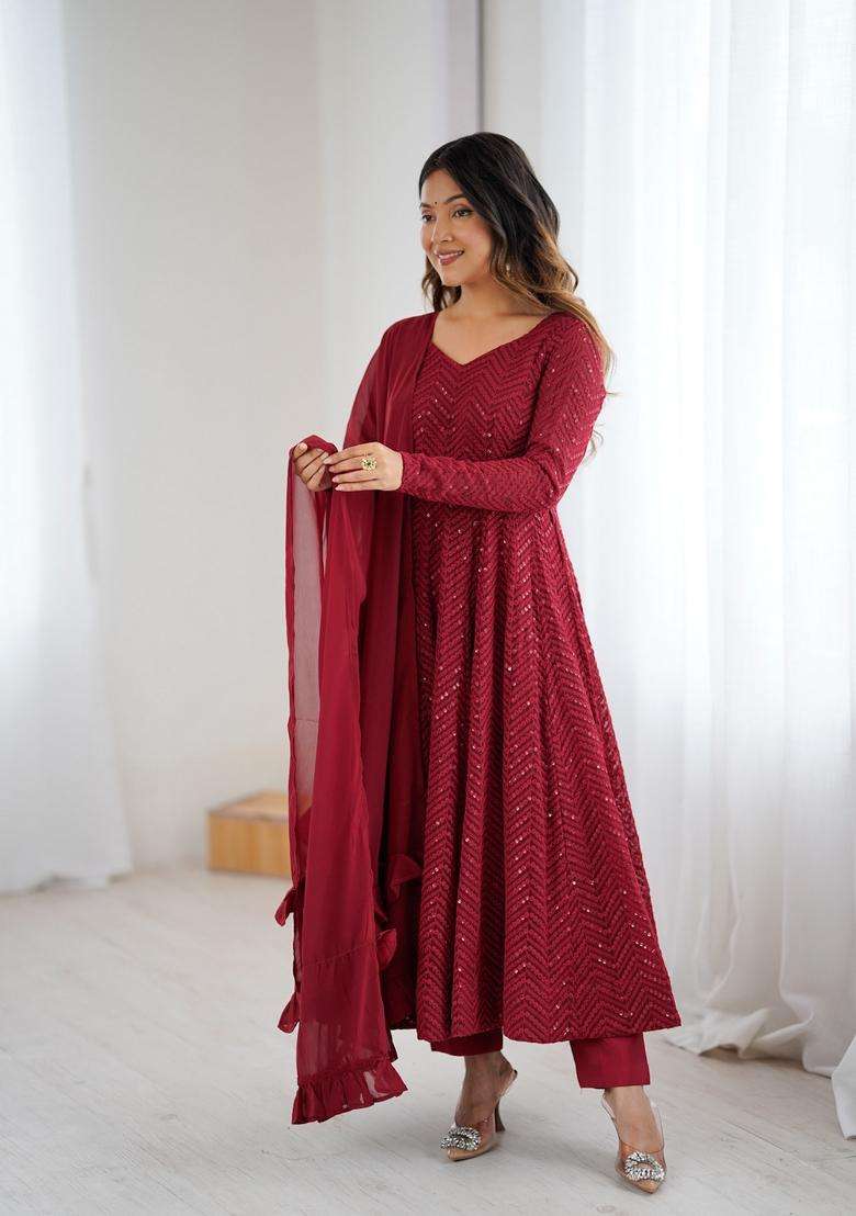 Maroon Embroidered Georgette Anarkali Set - Indya